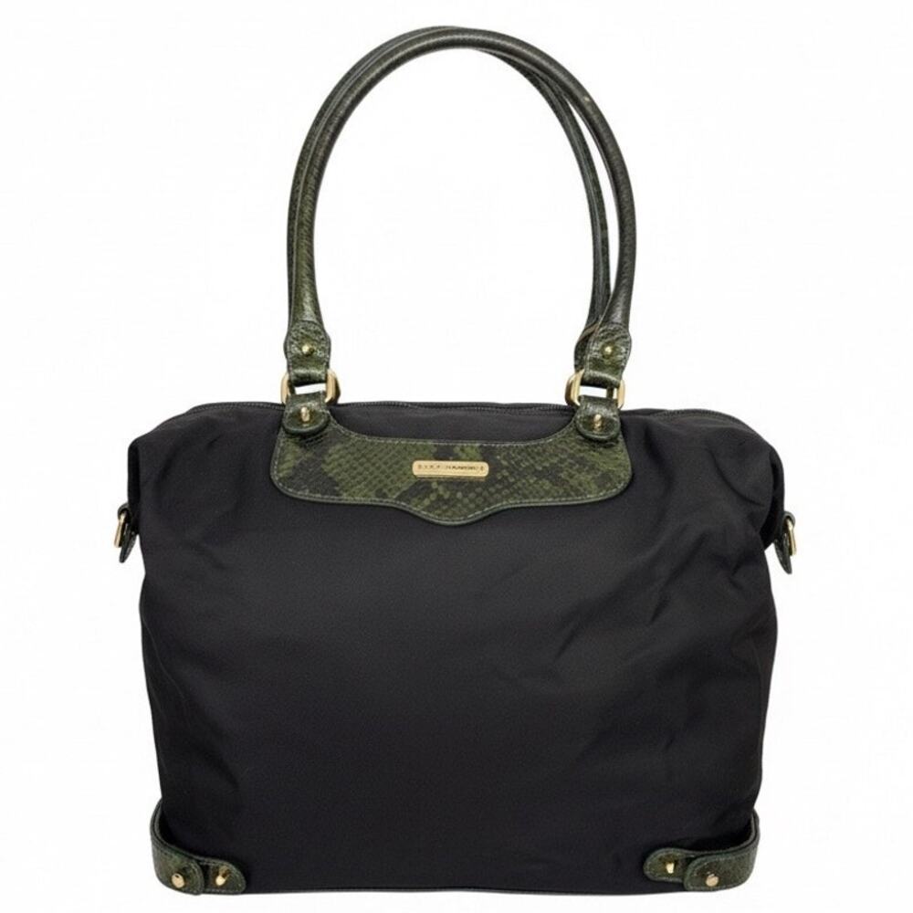 Rebecca Minkoff Black Nylon Hobo Shoulder Bag Green Python Snakeskin Accents